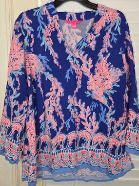 Lilly Pulitzer Luna Bay Tunic Top Blue & Pink Coral Print L Beach Resort Coastal
